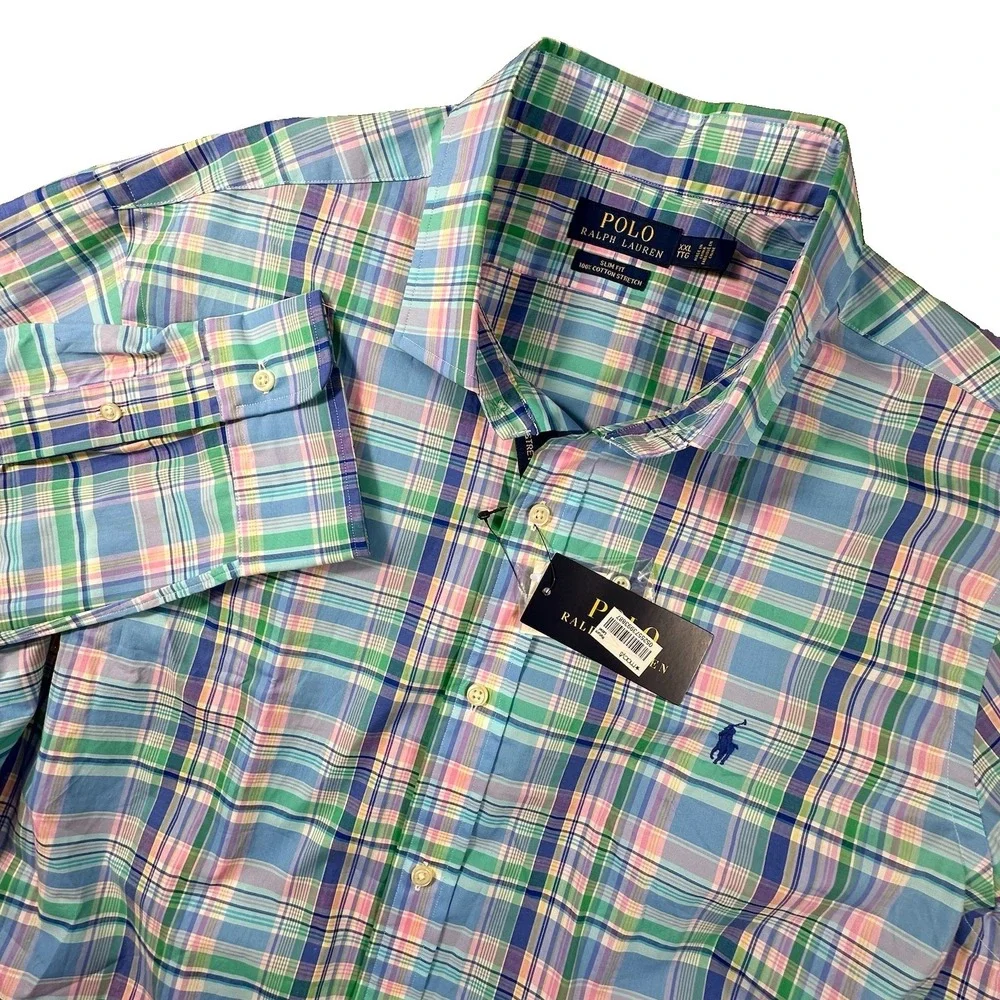 Polo Ralph Lauren Mens Slim Fit XXL Plaid Long Sleeve Oxford Button Up Stretch
